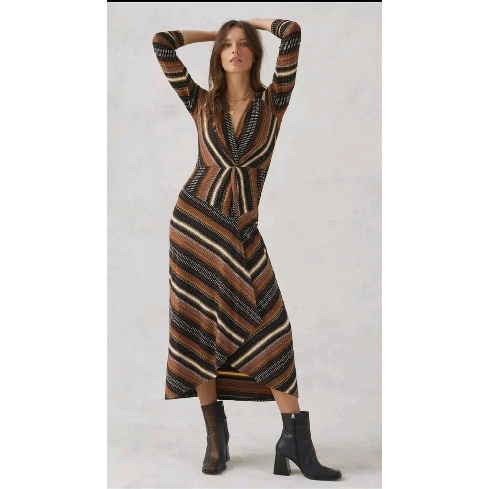 Anthropologie Maeve Striped Wrap Midi Dress Deep V-Neck Small Brown Beige